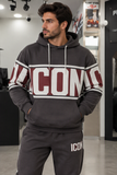 Felpa ICON con cappuccio grigio scuro maxi logo bianco e bordeaux avanti e retro