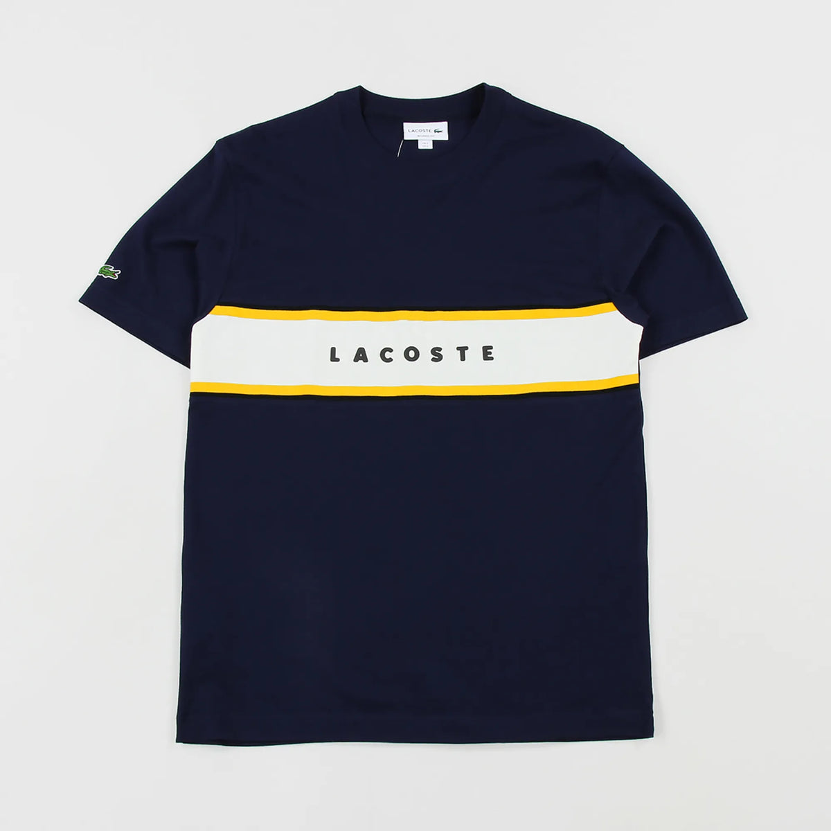 T-shirt LACOSTE blu con banda bianca e gialla