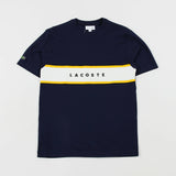 T-shirt LACOSTE blu con banda bianca e gialla