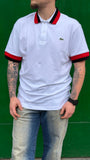 Polo LACOSTE bianca collo nero e rosso
