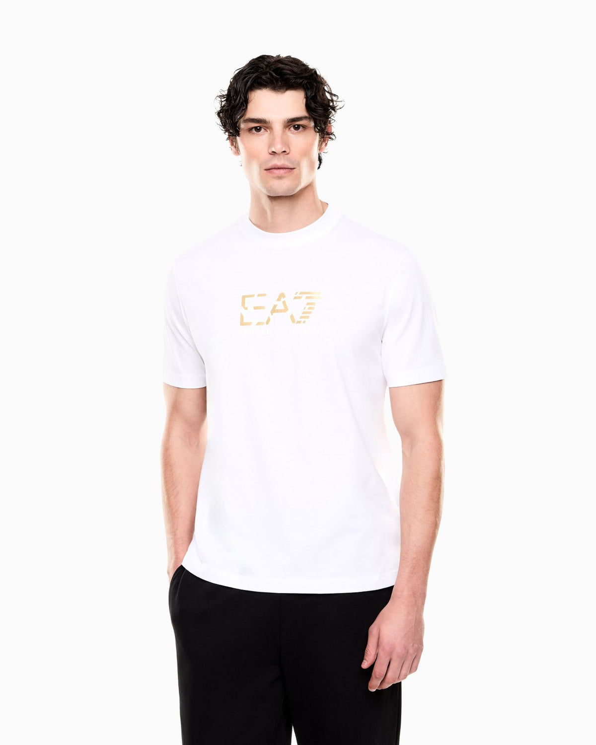 Completo ARMANI black and White con banda logata al pantalone in oro e t-shirt logo oro