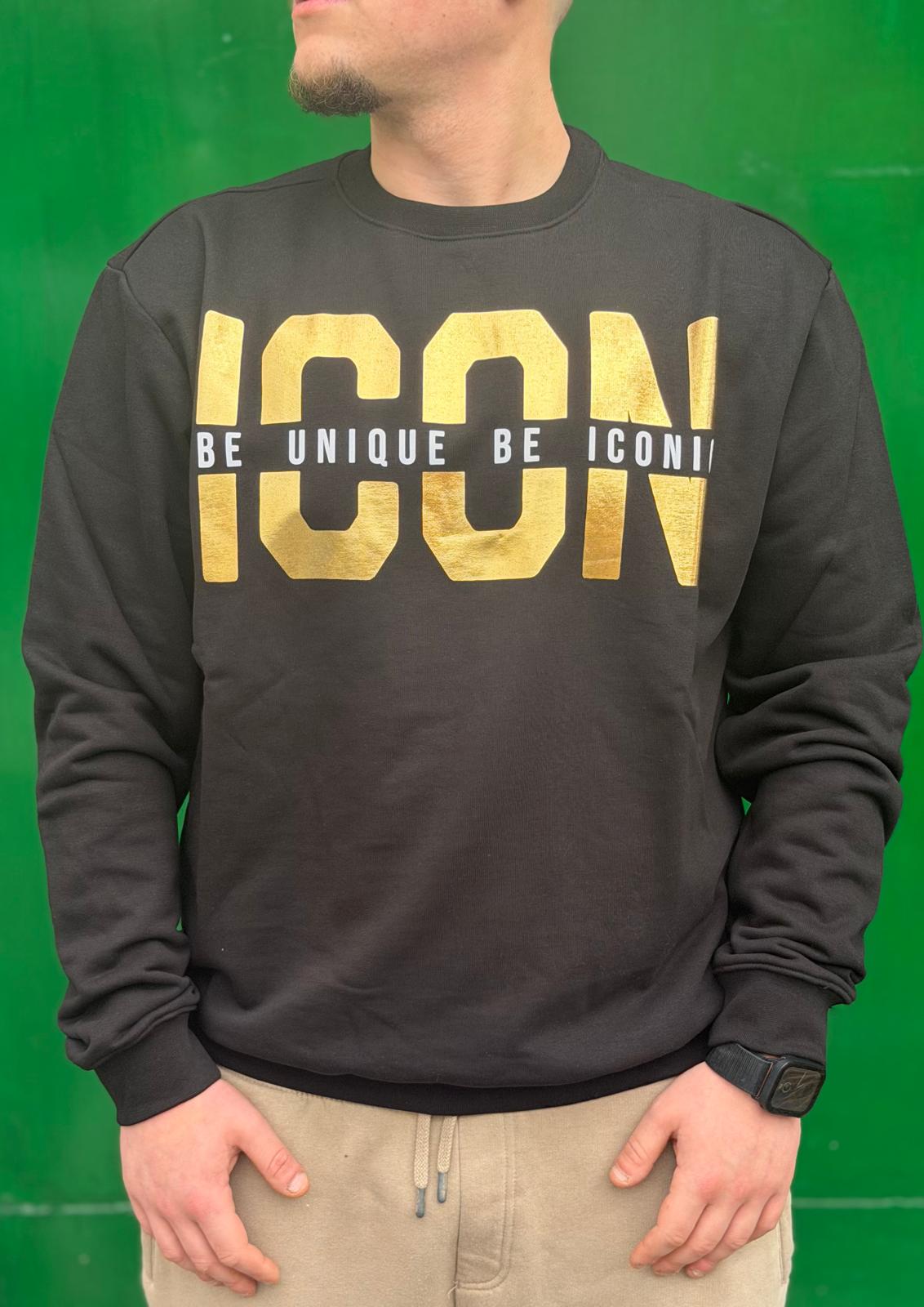 Felpa ICON total black banda logata oro