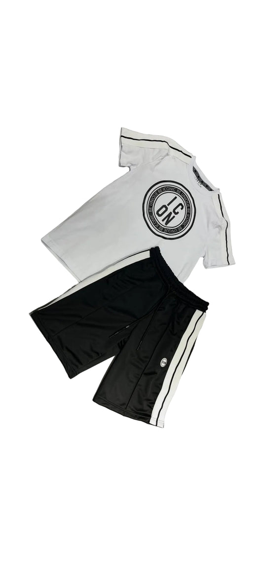 Completo ICON con pantalone triacetato black e t-shirt white con bande su maniche